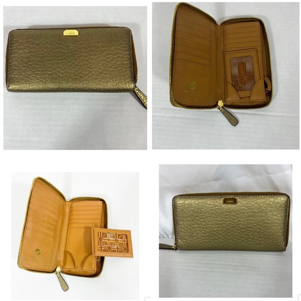 Lodis RFID Protection Wallet NWOT Pewter Gold Italian Leather